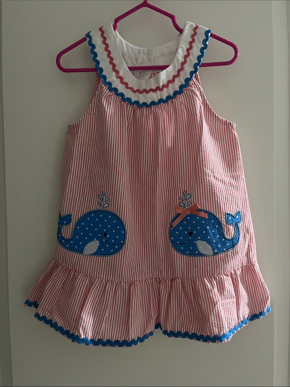 Nannette Pink and Blue Striped Whale Applique Toddler Dress